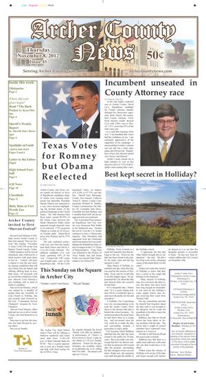 Primary view of object titled 'Archer County News (Archer City, Tex.), Vol. 104, No. 45, Ed. 1 Thursday, November 8, 2012'.