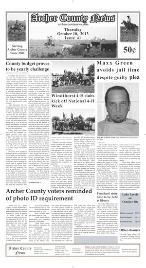 Primary view of object titled 'Archer County News (Archer City, Tex.), Vol. 105, No. 41, Ed. 1 Thursday, October 10, 2013'.