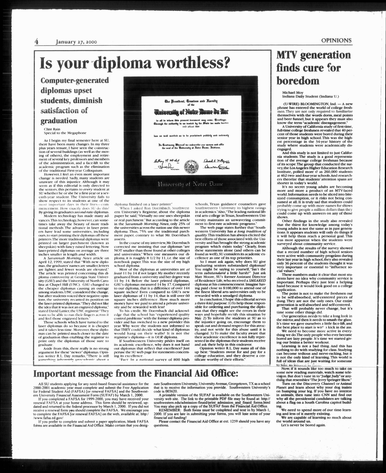 Megaphone (Georgetown, Tex.), Vol. 94, No. 13, Ed. 1 Thursday, January 27, 2000
                                                
                                                    [Sequence #]: 4 of 12
                                                
