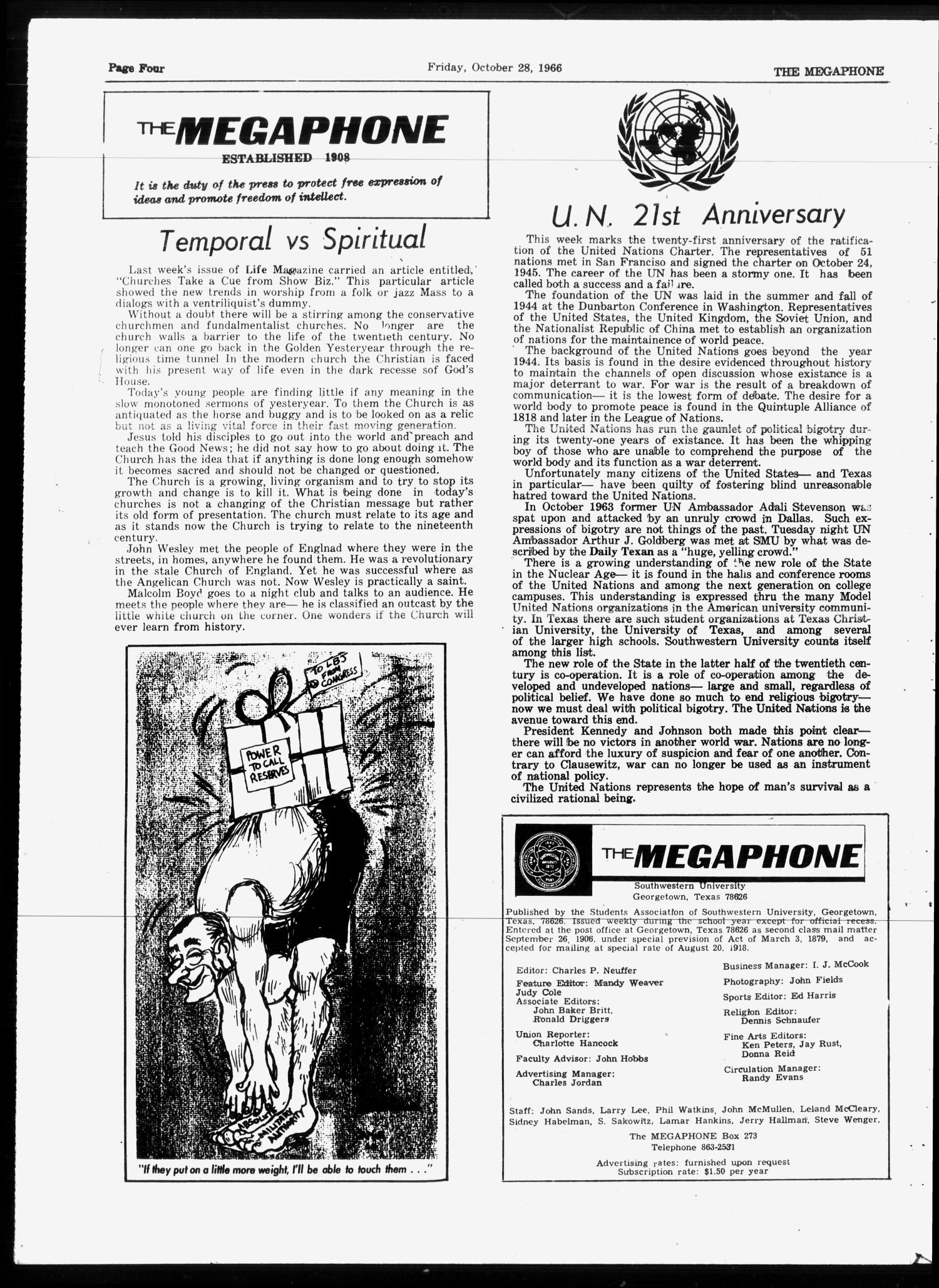 The Megaphone (Georgetown, Tex.), Vol. 60, No. 8, Ed. 1 Friday, October 28, 1966
                                                
                                                    [Sequence #]: 4 of 8
                                                