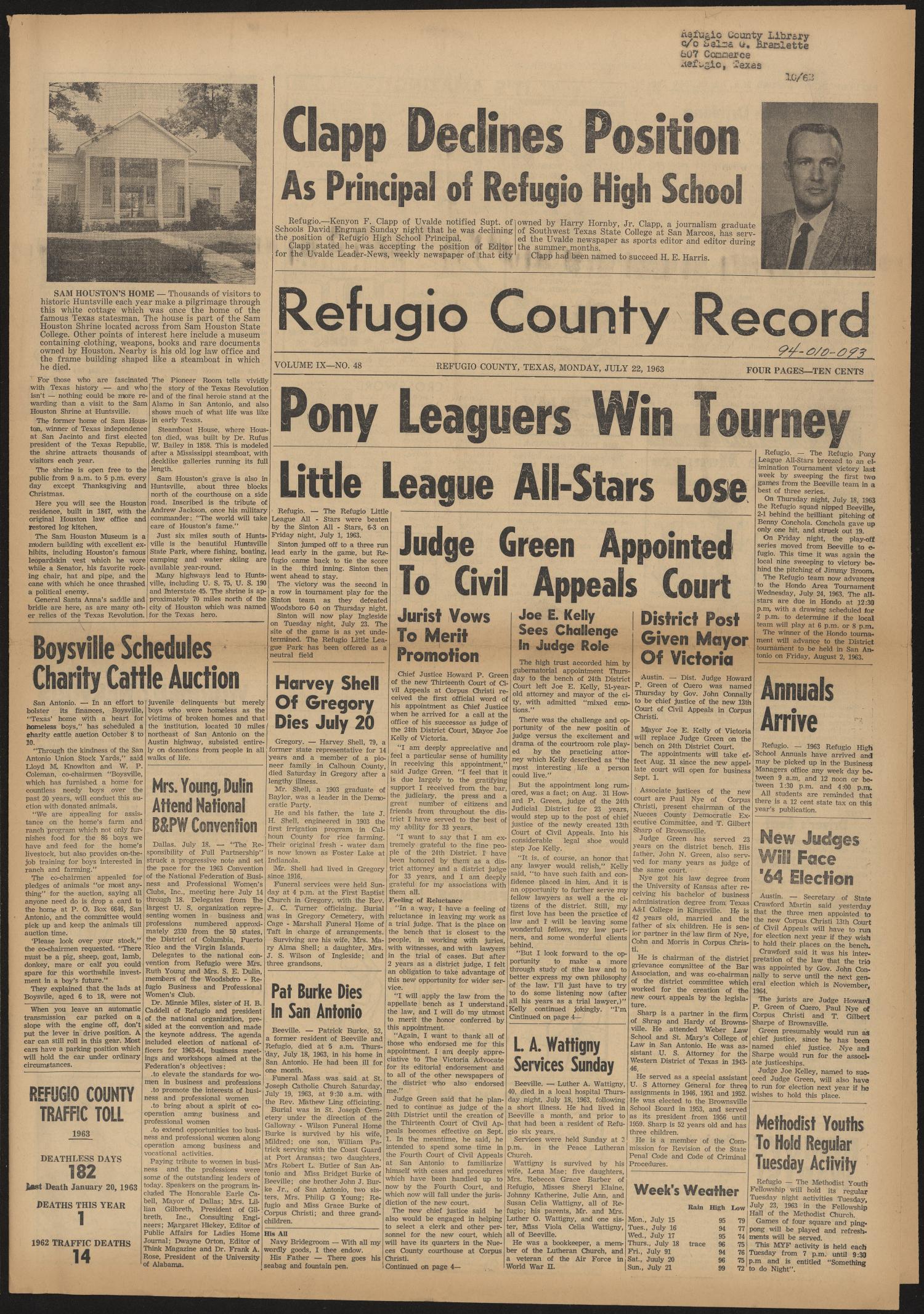 Refugio County Record (Refugio, Tex.), Vol. 9, No. 48, Ed. 1 Monday, July 22, 1963
                                                
                                                    [Sequence #]: 1 of 4
                                                