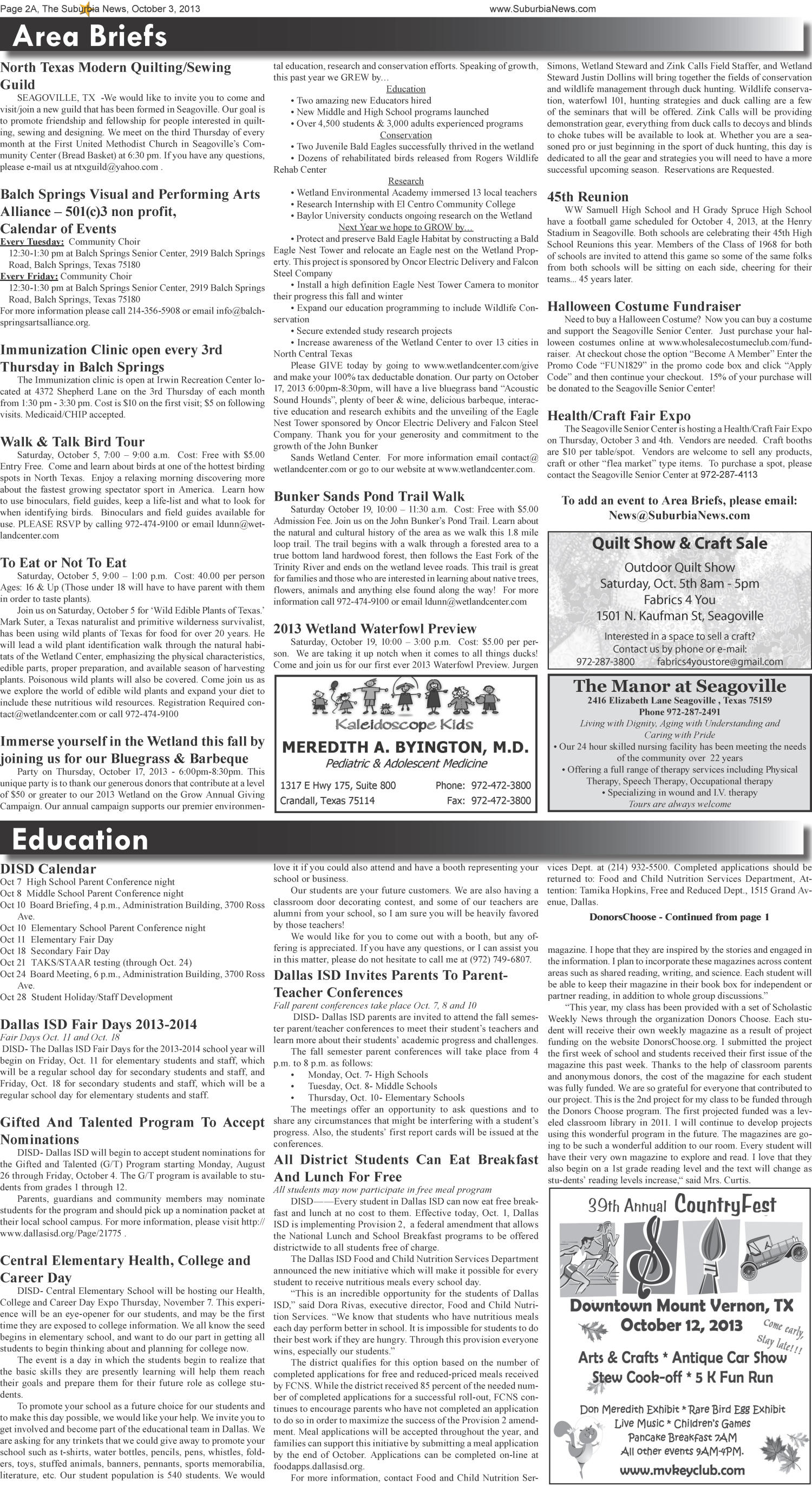 The Suburbia News (Seagoville, Tex.), Vol. 41, No. 46, Ed. 1 Thursday, October 3, 2013
                                                
                                                    [Sequence #]: 2 of 6
                                                