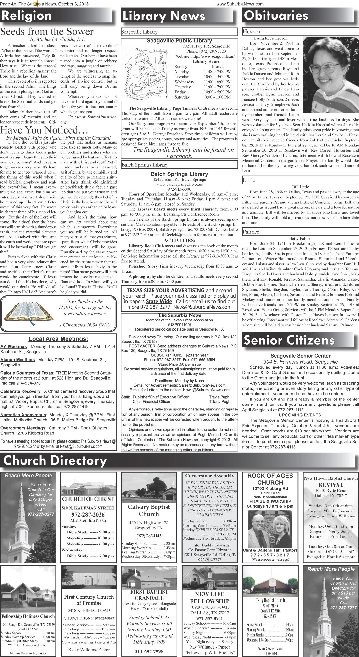 The Suburbia News (Seagoville, Tex.), Vol. 41, No. 46, Ed. 1 Thursday, October 3, 2013
                                                
                                                    [Sequence #]: 4 of 6
                                                