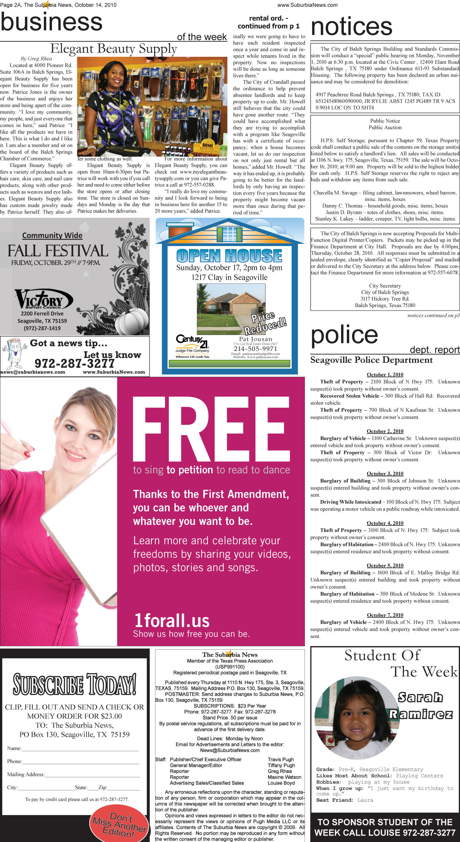 The Suburbia News (Seagoville, Tex.), Vol. 38, No. 47, Ed. 1 Thursday, October 14, 2010
                                                
                                                    [Sequence #]: 2 of 10
                                                