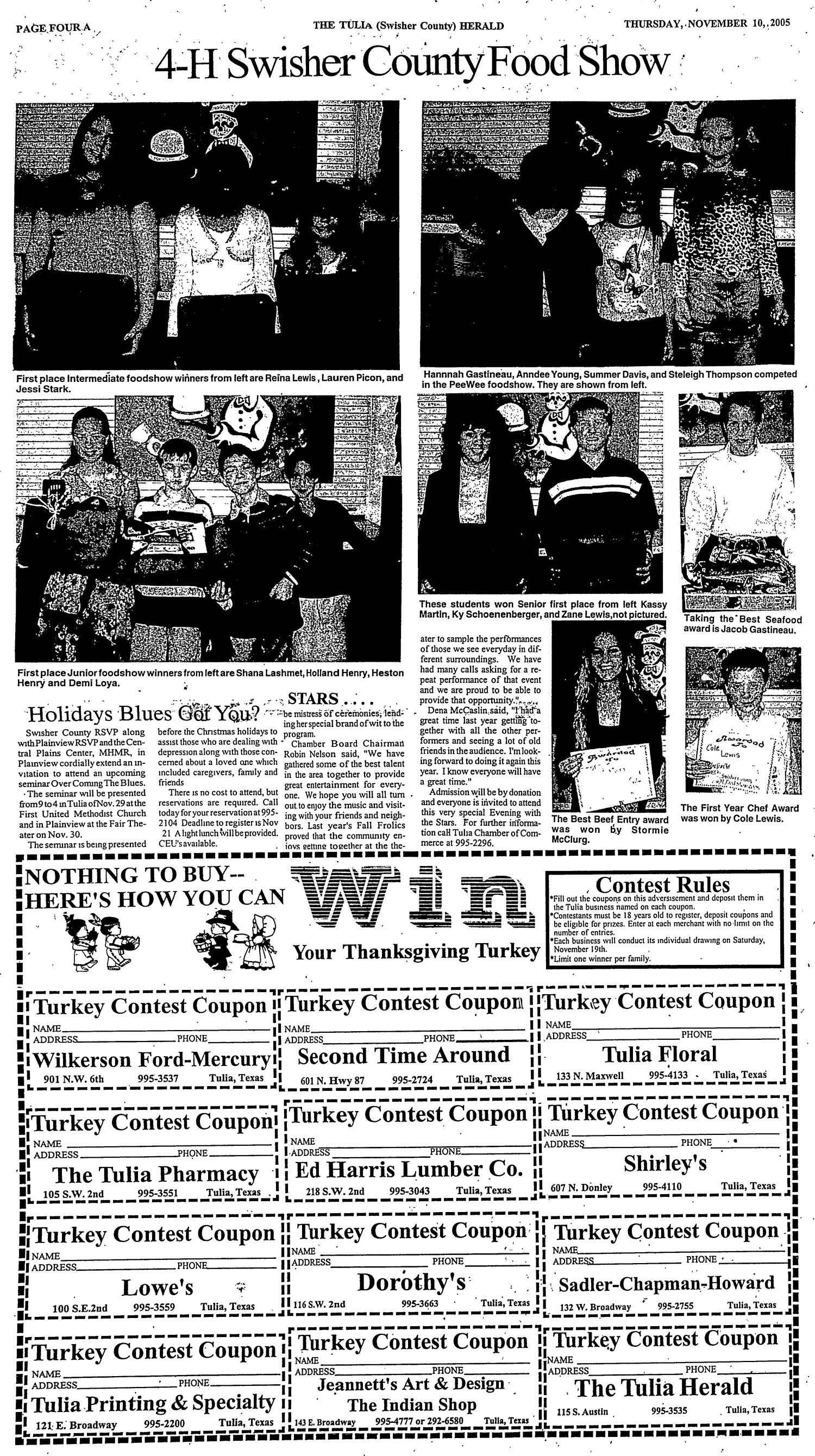 The Tulia Herald (Tulia, Tex.), Vol. 97, No. 45, Ed. 1 Thursday, November 10, 2005
                                                
                                                    [Sequence #]: 4 of 16
                                                