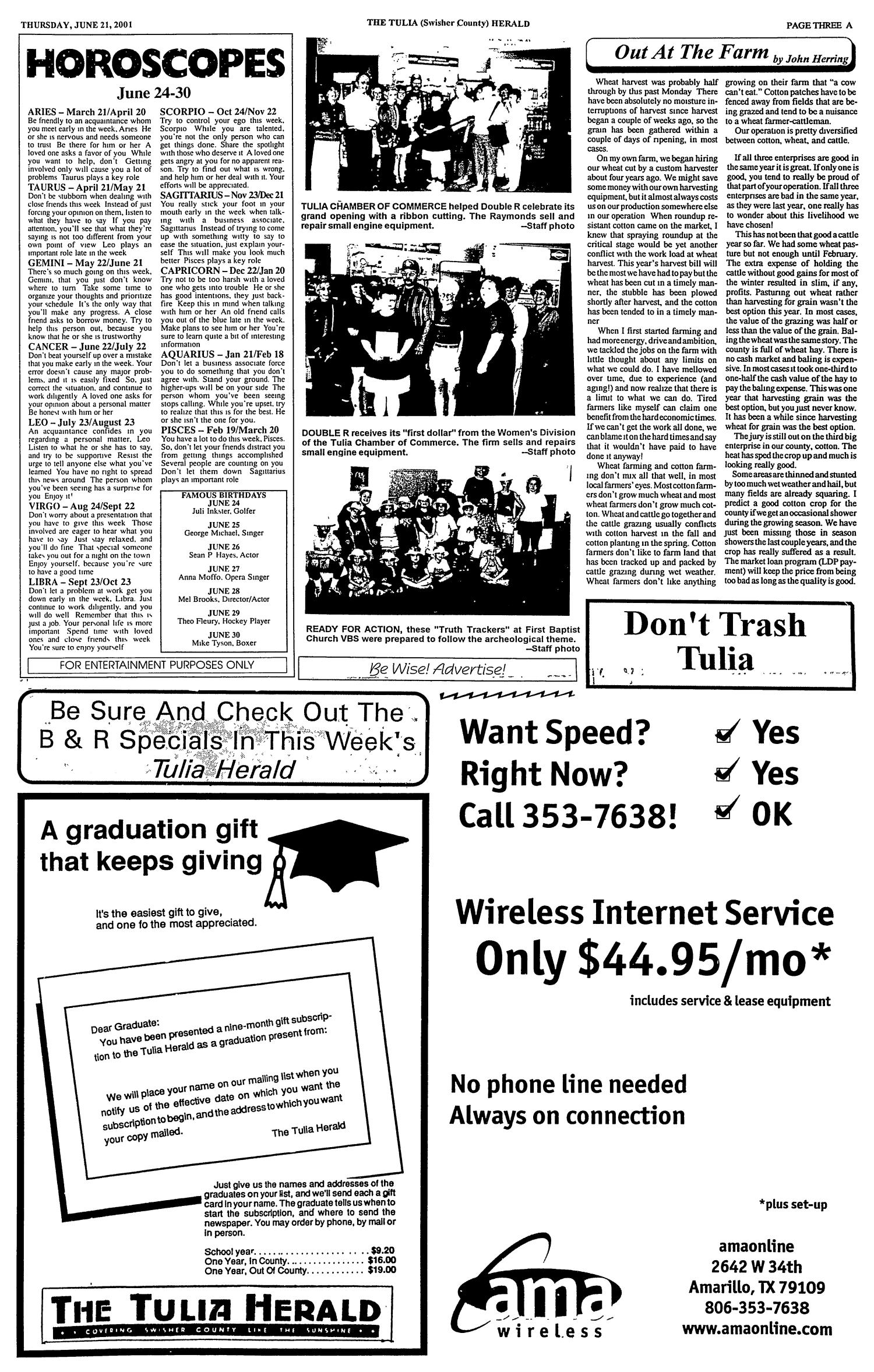 The Tulia Herald (Tulia, Tex.), Vol. 93, No. 25, Ed. 1 Thursday, June 21, 2001
                                                
                                                    [Sequence #]: 3 of 14
                                                