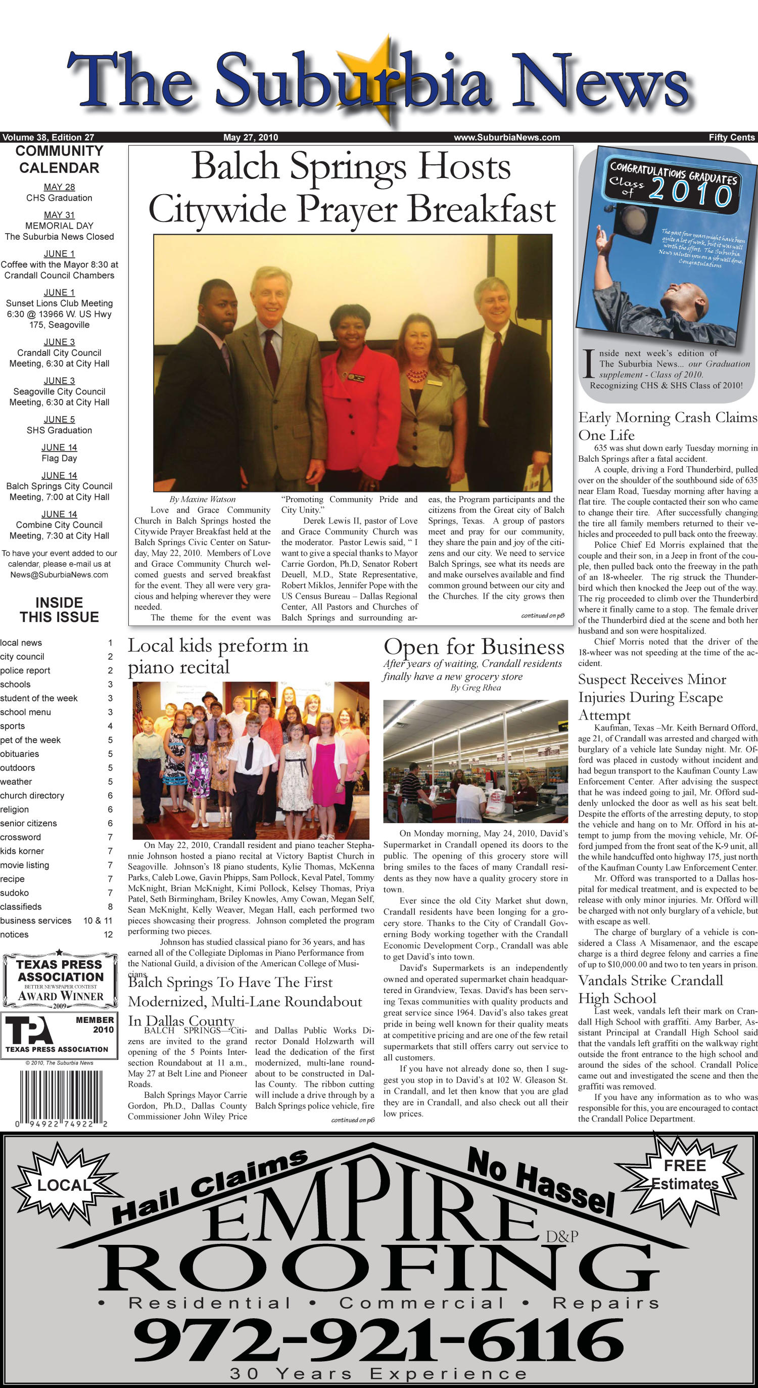 The Suburbia News (Seagoville, Tex.), Vol. 38, No. 27, Ed. 1 Thursday, May 27, 2010
                                                
                                                    [Sequence #]: 1 of 12
                                                