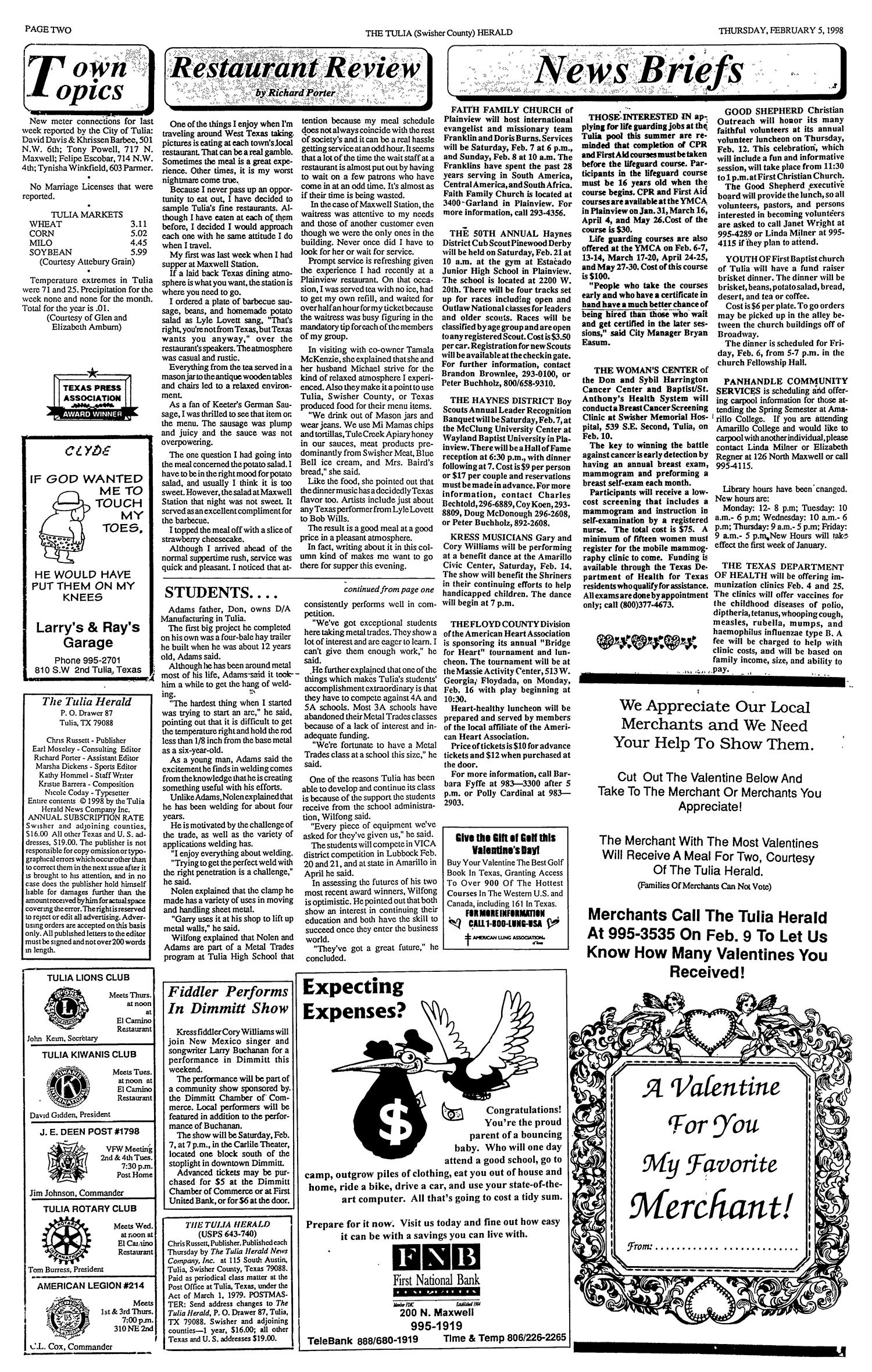 The Tulia Herald (Tulia, Tex.), Vol. 90, No. 6, Ed. 1 Thursday, February 5, 1998
                                                
                                                    [Sequence #]: 2 of 16
                                                