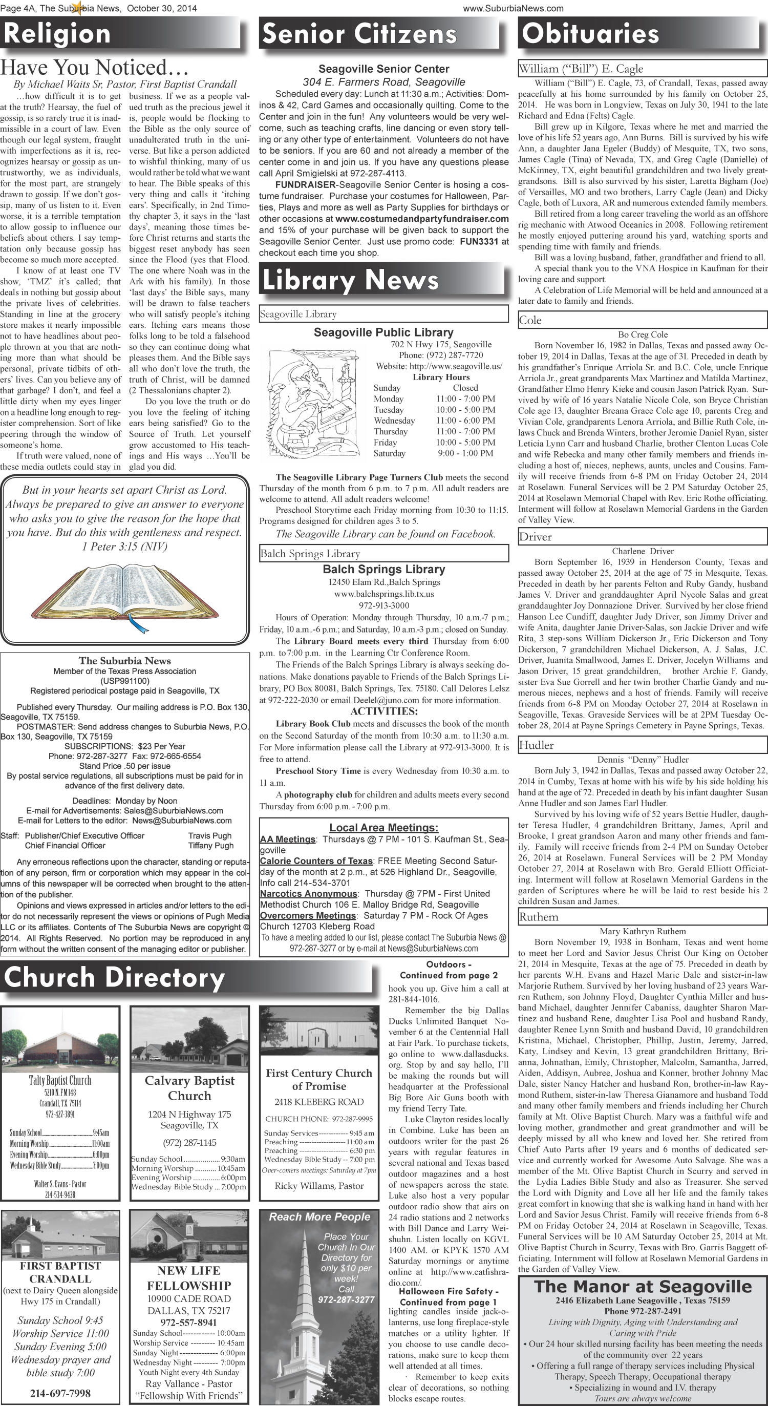 The Suburbia News (Seagoville, Tex.), Vol. 42, No. 50, Ed. 1 Thursday, October 30, 2014
                                                
                                                    [Sequence #]: 4 of 6
                                                