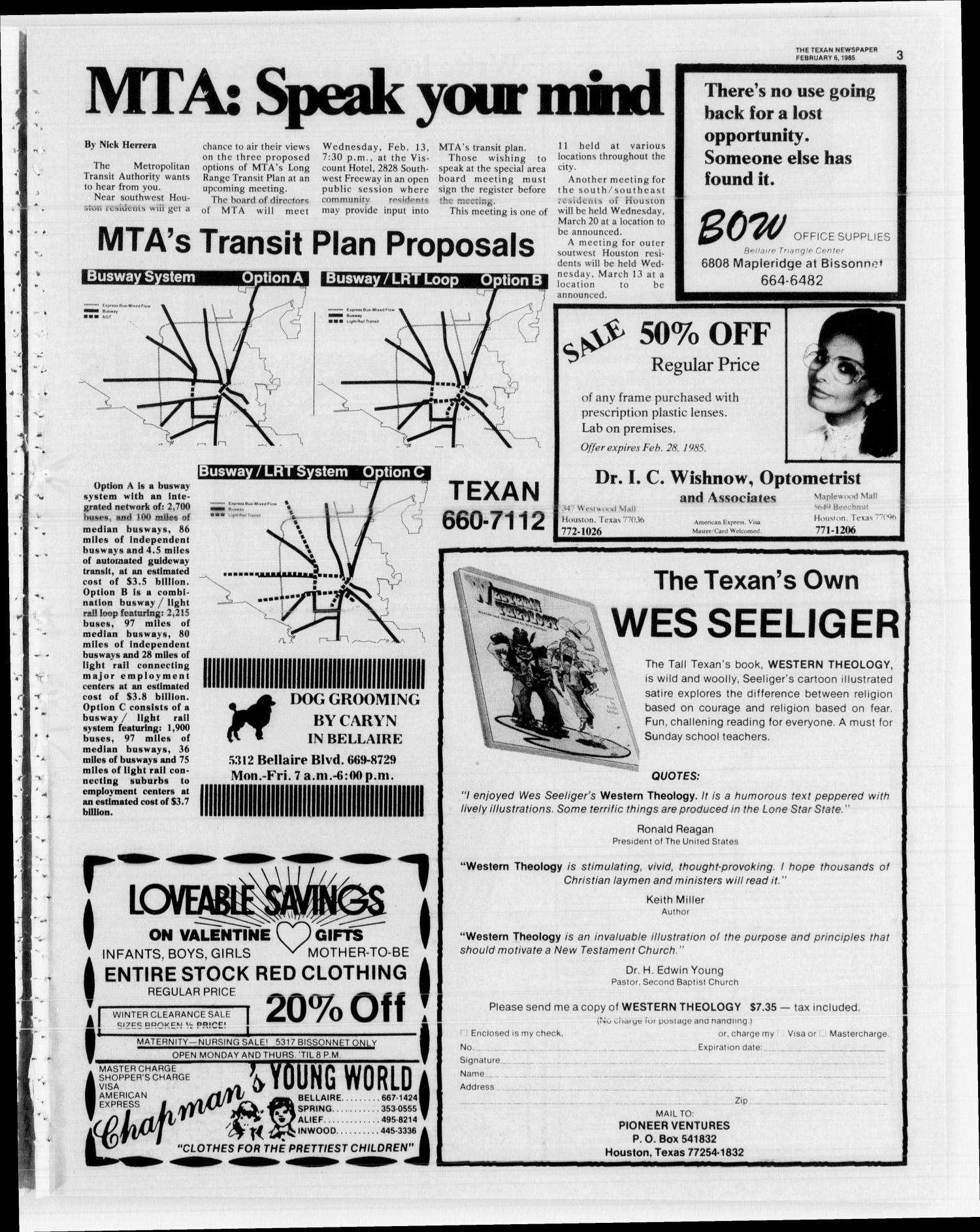The Texan (Bellaire, Tex.), Vol. 30, No. 23, Ed. 1 Wednesday, February 6, 1985
                                                
                                                    [Sequence #]: 3 of 20
                                                