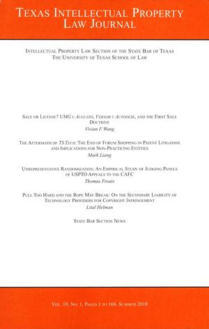 Primary view of object titled 'Texas Intellectual Property Law Journal, Volume 19, Number 1, Summer 2010'.