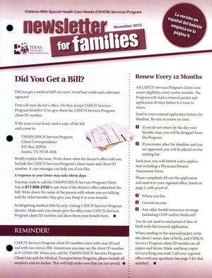 Children with Special Health Care Needs: Newsletter for Families, November 2013