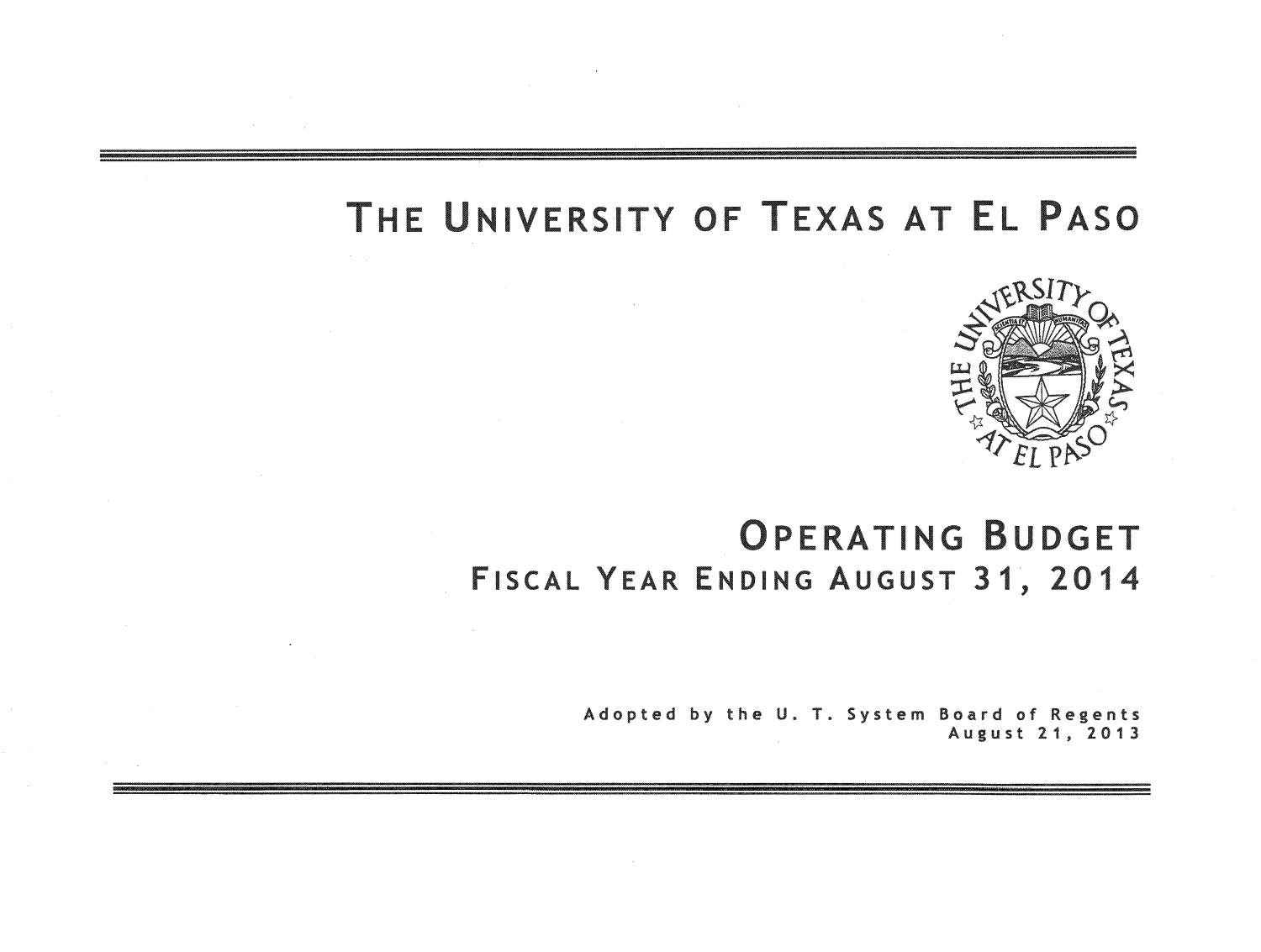 University of Texas at El Paso Operating Budget: 2014
                                                
                                                    Title Page
                                                