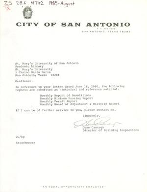 San Antonio Monthly Reports: August 1985