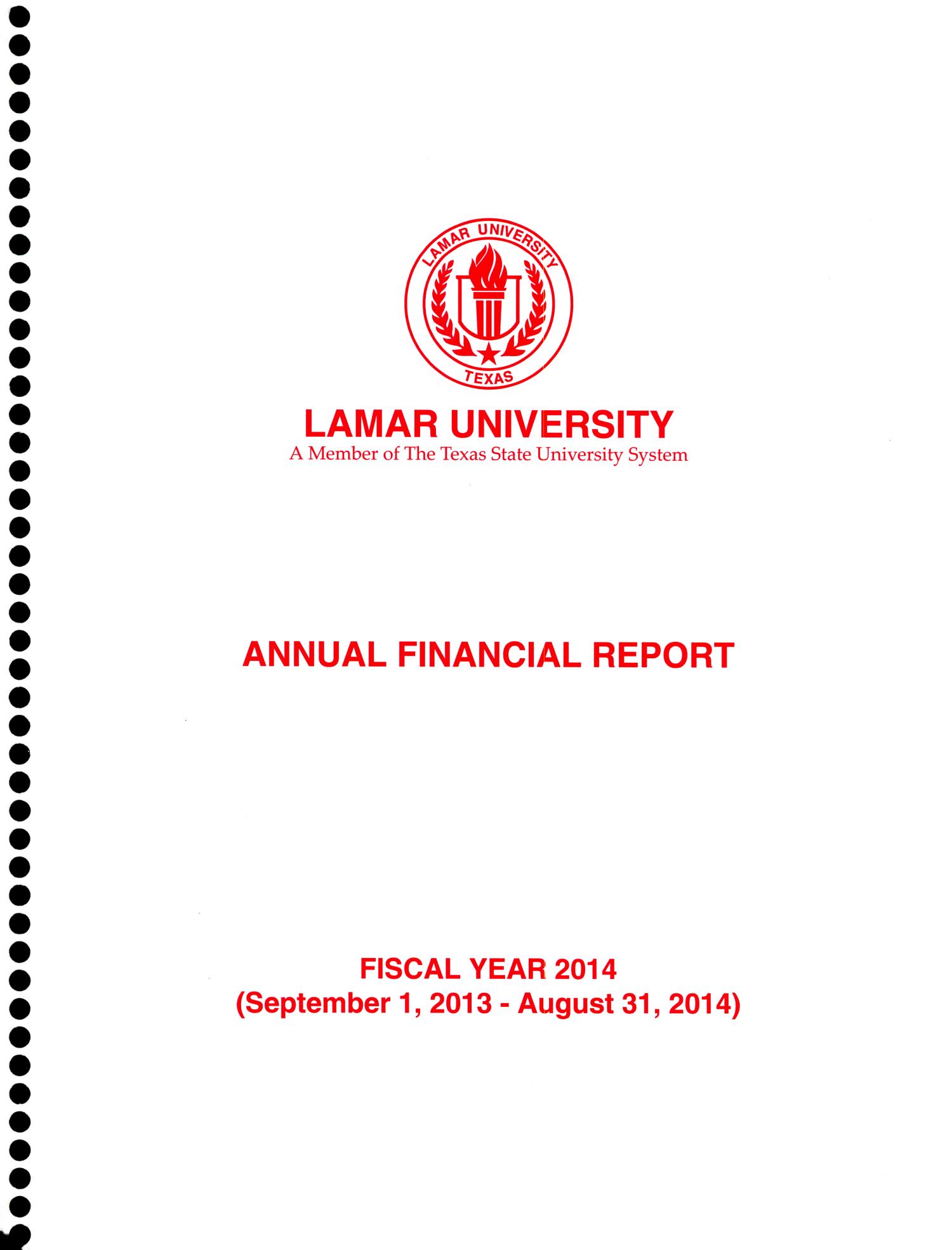 Lamar University Annual Financial Report: 2014
                                                
                                                    Front Cover
                                                