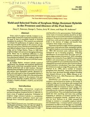 Yield and Selected Traits of Sorghum Midge Resistant Hybrids in the Presence and Absence of the Pest Insect