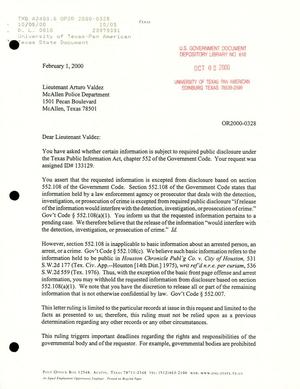 Texas Attorney General Open Records Letter Ruling: OR2000-0328