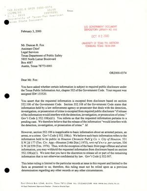 Texas Attorney General Open Records Letter Ruling: OR2000-0374