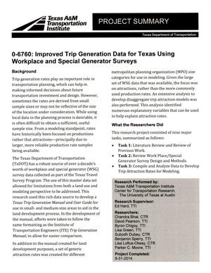 Project Summary: Improved Trip Generation Data for Texas Using Workplace and Special Generator Surveys