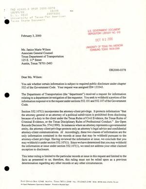 Texas Attorney General Open Records Letter Ruling: OR2000-0378