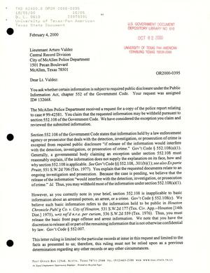 Texas Attorney General Open Records Letter Ruling: OR2000-0395
