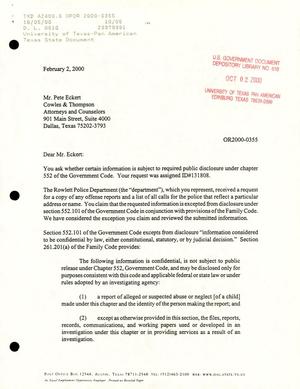Texas Attorney General Open Records Letter Ruling: OR2000-0355