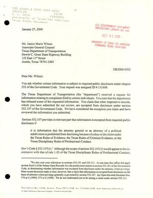 Primary view of object titled 'Texas Attorney General Open Records Letter Ruling: OR2000-0302'.