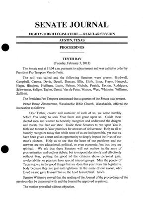 Primary view of object titled 'Journal of the Senate of Texas: 83rd Legislature, Regular Session, Tuesday, February 5, 2013'.