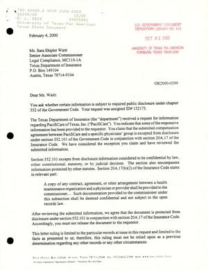 Texas Attorney General Open Records Letter Ruling: OR2000-0399