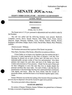 Primary view of object titled 'Journal of the Senate of Texas: 83rd Legislature, Second Called Session, Friday, July 12, 2013'.