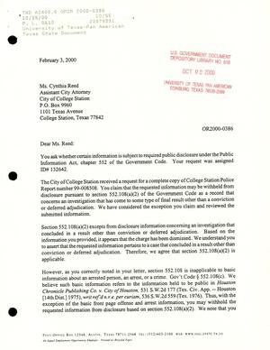 Primary view of object titled 'Texas Attorney General Open Records Letter Ruling: OR2000-0386'.