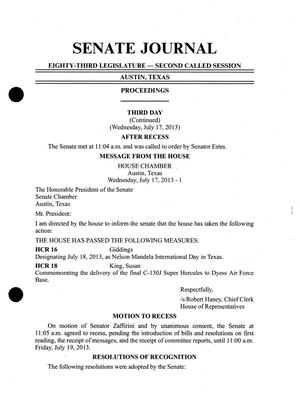 Primary view of object titled 'Journal of the Senate of Texas: 83rd Legislature, Second Called Session, Wednesday, July 17, 2013'.