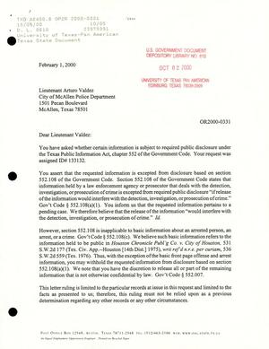 Texas Attorney General Open Records Letter Ruling: OR2000-0331