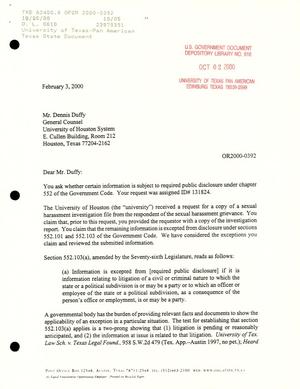 Texas Attorney General Open Records Letter Ruling: OR2000-0392
