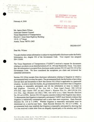 Texas Attorney General Open Records Letter Ruling: OR2000-0397