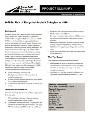 Project Summary: Use of Recycled Asphalt Shingles in HMA