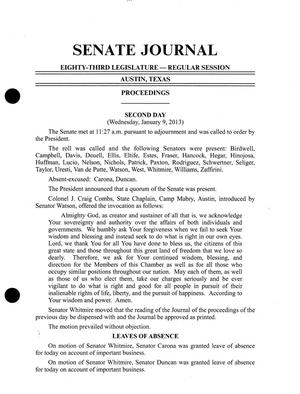 Primary view of object titled 'Journal of the Senate of Texas: 83rd Legislature, Regular Session, Wednesday, January 9, 2013'.