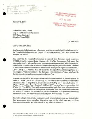 Texas Attorney General Open Records Letter Ruling: OR2000-0332