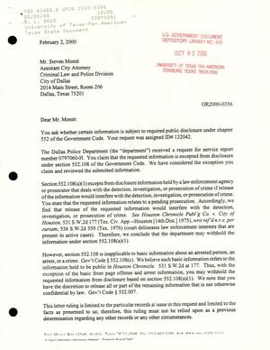 Texas Attorney General Open Records Letter Ruling: OR2000-0356