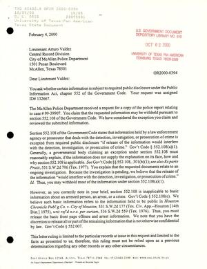 Texas Attorney General Open Records Letter Ruling: OR2000-0394