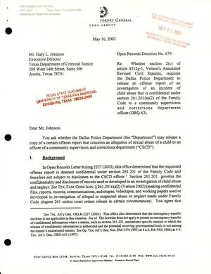 Primary view of object titled 'Texas Attorney General Open Records Decision: Number 679 (ORQ-63)'.