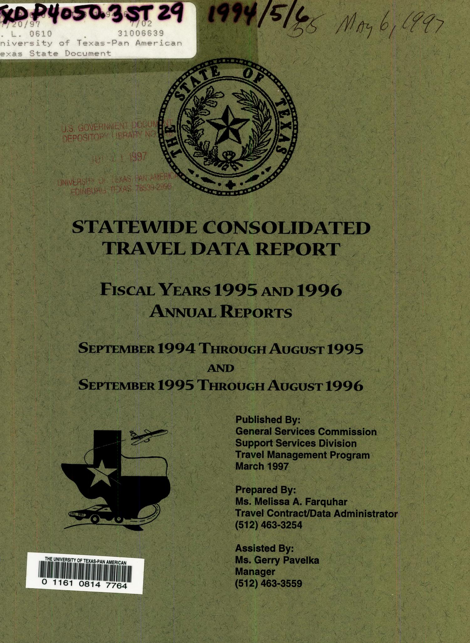 Texas Statewide Consolidated Travel Data Annual Report: 1995 and 1996
                                                
                                                    Front Cover
                                                