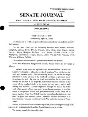 Primary view of object titled 'Journal of the Senate of Texas: 83rd Legislature, Regular Session, Wednesday, April 10, 2013'.