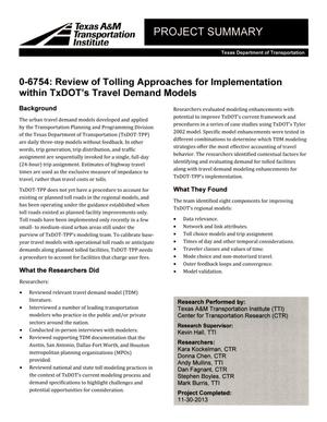 Project Summary: Review of Tolling Approaches for Implementation within TXDOT's Travel Demand Models