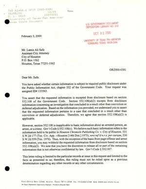 Texas Attorney General Open Records Letter Ruling: OR2000-0381