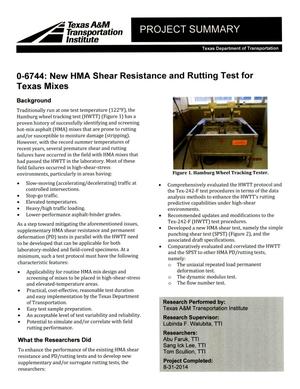 Project Summary: New HMA Shear Resistance and Rutting Test for Texas Mixes