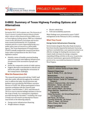 Project Summary: Summary of Texas Highway Funding Options and Alternatives