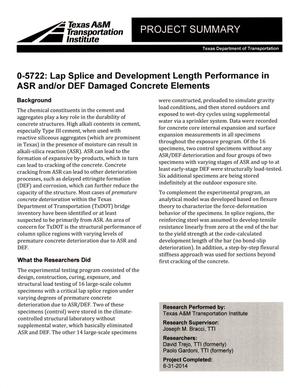 Project Summary: Lap Splice and Development Length Performance in ASR and/or DEF Damaged Concrete Elements