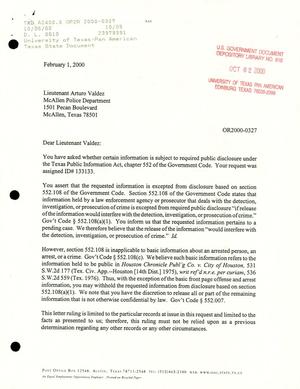 Texas Attorney General Open Records Letter Ruling: OR2000-0327