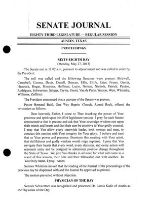 Primary view of object titled 'Journal of the Senate of Texas: 83rd Legislature, Regular Session, Monday, May 27, 2013'.